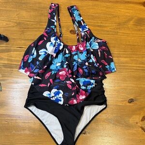 Black & Floral flowy Bikini high ruched waisted swim NWOT